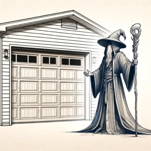 a sorcerer standing next to a garage door