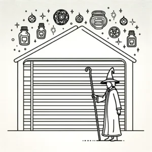 a sorcerer standing next to a garage door, surrounded by floating Preventative Potions and Charms