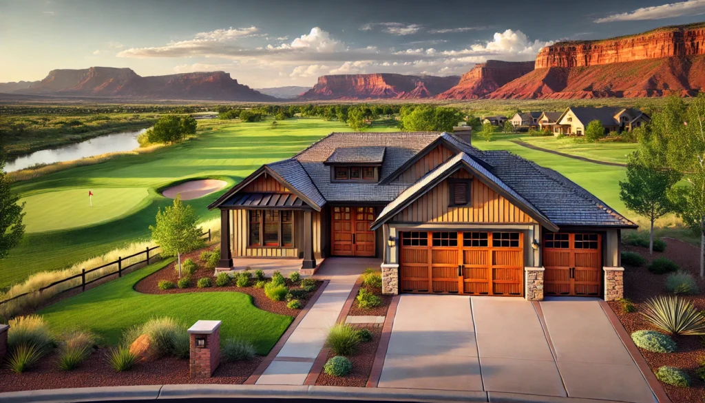 A scenic house in Cedar City, Utah, near a golf course, featuring a classic garage door with a traditional design