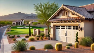 A stylish house in Mesquite, Nevada, near a golf course, featuring a classic garage door with raised panels and a white finish