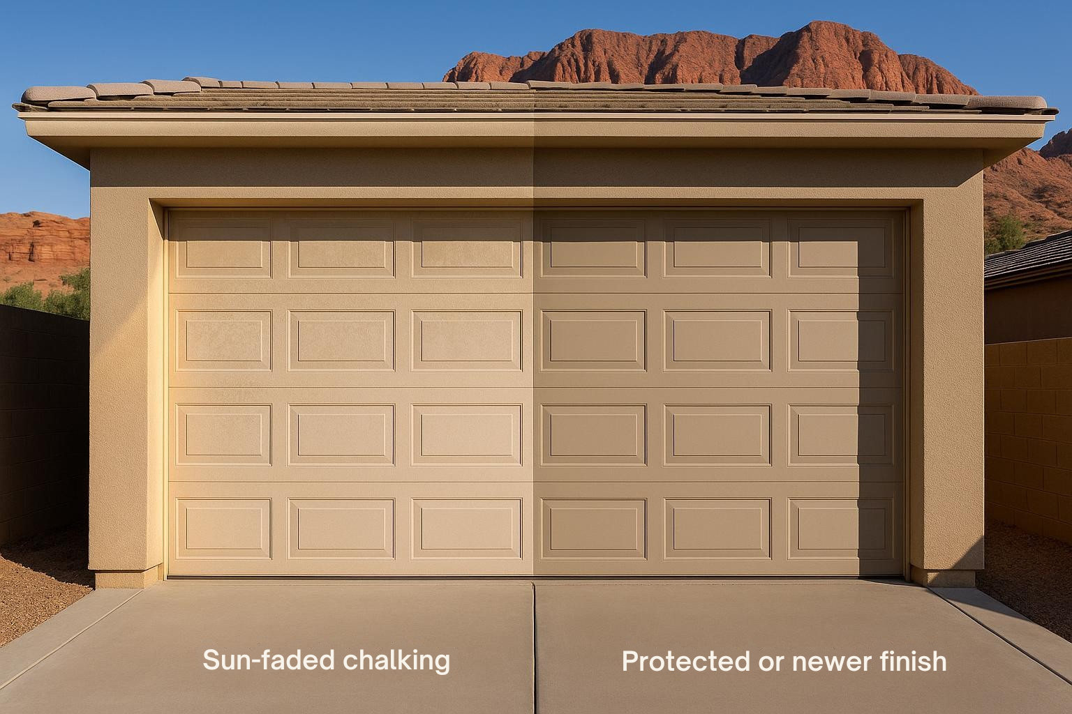 Before and after comparison showing UV damage and fading on garage door in St. George Utah with red rock mountains