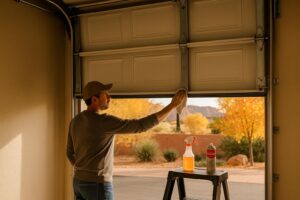 Homeowner cleaning garage door track during fall maintenance in St. George Utah garage