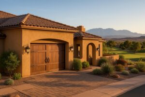 Upscale Green Springs Washington Utah home with carriage house garage door, golf course and mountain views