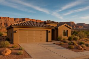 Hurricane Utah home with professional garage door installation, red rock cliffs in background