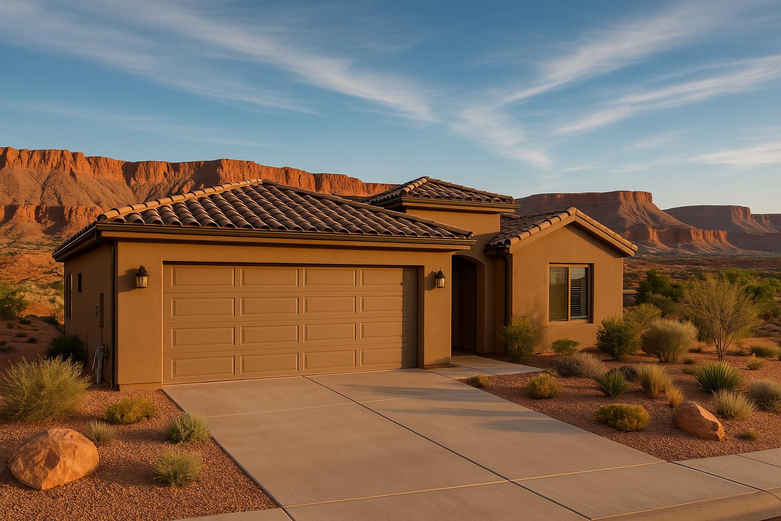 Hurricane Utah home with professional garage door installation, red rock cliffs in background