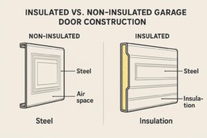 Cross-section diagram comparing non-insulated and insulated garage door construction with labeled components