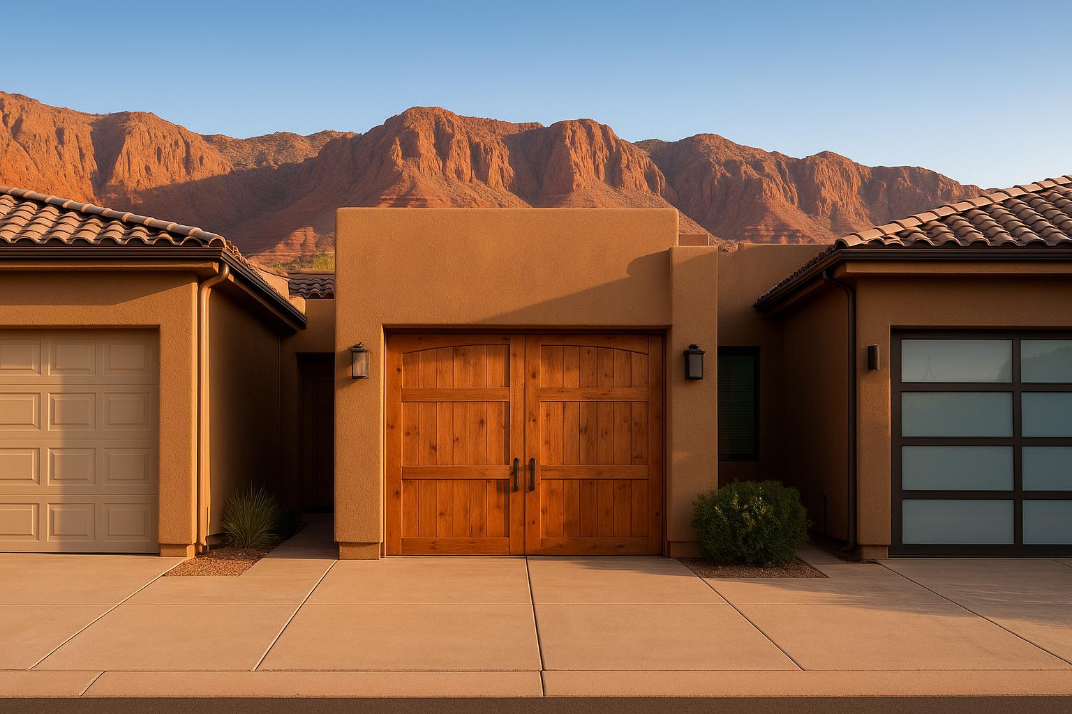 Comparison of steel, wood, and aluminum garage doors on St. George Utah homes with red rock mountains