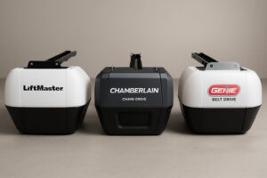 Comparison of LiftMaster, Chamberlain, and Genie garage door opener units side by side