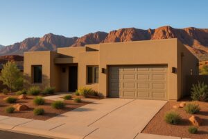 Modern Santa Clara Utah home with professional garage door installation, red rock mountains in background