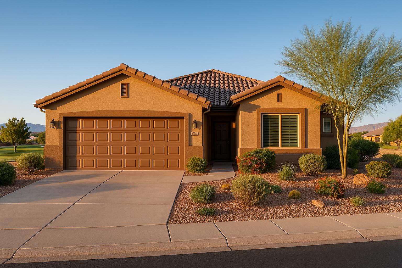 Single-story Sun River St George 55+ community home with accessible garage door, golf course views