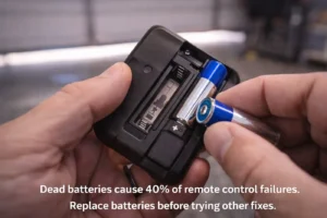 A handheld garage door remote with battery cover open beside a small set of tools, tidy workbench surface