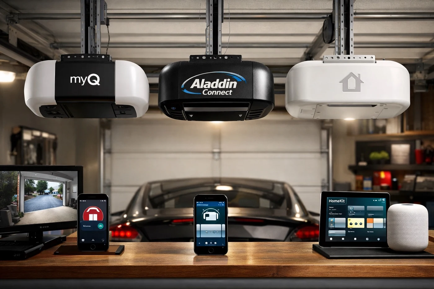 Three smart garage door opener controllers side by side on a clean workbench: LiftMaster MyQ, Genie Aladdin Connect, and a HomeKit-compatible unit