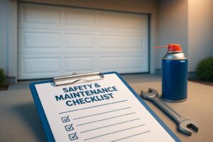 Garage door safety and maintenance checklist on clipboard with wrench and lubricant spray in front of white residential garage door